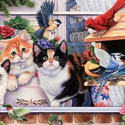 Jigsaw puzzle: Flowers, kittens and birds