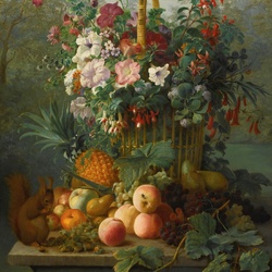 Jigsaw puzzle: Still life with flowers, fruits and squirrel