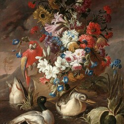 Jigsaw puzzle: Still life with flowers, ducks and a parrot