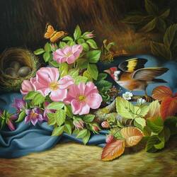 Jigsaw puzzle: Still life with flowers, butterfly and bird