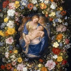 Jigsaw puzzle: Madonna and child with two angels in a flower garland
