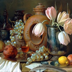 Jigsaw puzzle: Still life with fruits and tulips