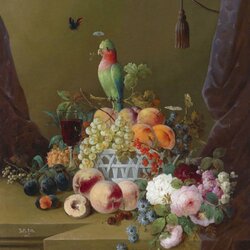 Jigsaw puzzle: Still life with flowers, fruits, a butterfly and a parrot