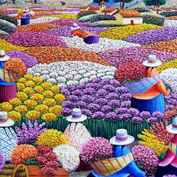 Jigsaw puzzle: Peruvian peasant women in a flower field