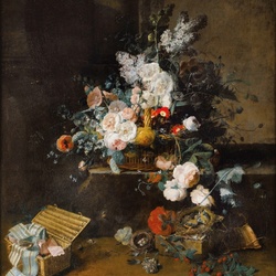 Jigsaw puzzle: Still life with a basket of flowers and ribbons