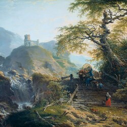 Jigsaw puzzle: Mountain landscape with a cart on a wooden bridge