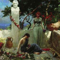 Jigsaw puzzle: Girls on the terrace at the bust of Homer