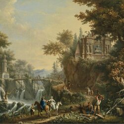 Jigsaw puzzle: Landscape with ancient ruins and a waterfall
