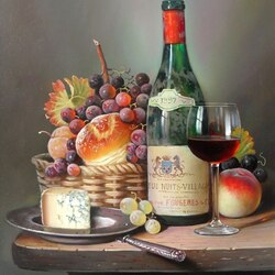 Jigsaw puzzle: Still life with wine, cheese and fruit