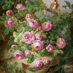 Jigsaw puzzle: Still life with roses, butterflies and a bird