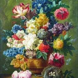 Jigsaw puzzle: Still life with a bouquet of flowers and a nest