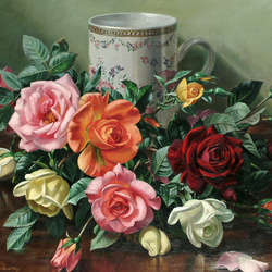 Jigsaw puzzle: Bouquet of roses and a cup