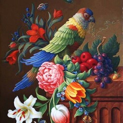 Jigsaw puzzle: Flowers and parrot