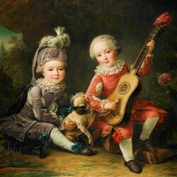 Jigsaw puzzle: Portrait of Armand Louis II and Armand Louis Jean playing with a pug