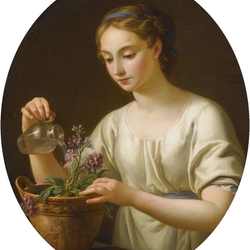 Jigsaw puzzle: Girl watering flowers in a pot