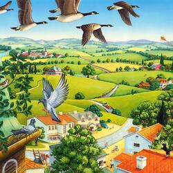 Jigsaw puzzle: Geese over the city