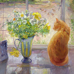 Jigsaw puzzle: Ginger cat by a jug of flowers