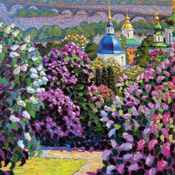 Jigsaw puzzle: Lilacs near the Vydubitsky monastery