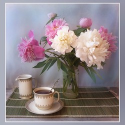 Jigsaw puzzle: A bouquet of peonies and a cup of tea
