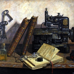 Jigsaw puzzle: Books and sewing machine