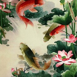 Jigsaw puzzle: Carps and lotuses. Chinese embroidery Su