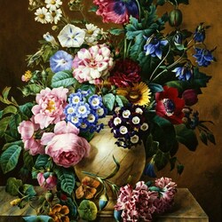 Jigsaw puzzle: Flowers in a vase on a marble ledge