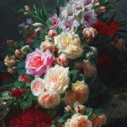 Jigsaw puzzle: Still life with roses, gladioli and raspberries