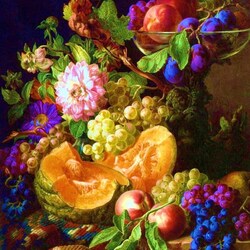 Jigsaw puzzle: Plums and grapes with autumn flowers