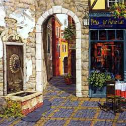 Jigsaw puzzle: Cafe in the courtyard with a fountain