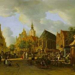 Jigsaw puzzle: Market at the Cathedral of St. Jacob in The Hague