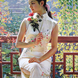 Jigsaw puzzle: Portrait of a young Chinese woman with roses