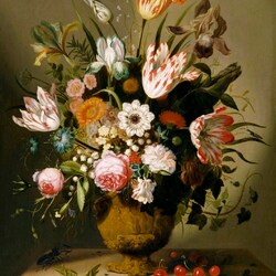 Jigsaw puzzle: Still life with a bouquet of flowers, berries and a beetle