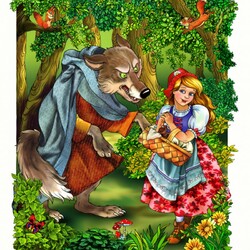 Jigsaw puzzle: Little red riding hood and gray wolf