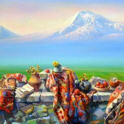 Jigsaw puzzle: Armenian still life on the background of Mount Ararat