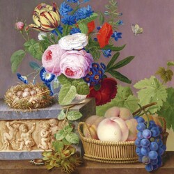 Jigsaw puzzle: Still life with flowers, fruits and a nest