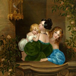 Jigsaw puzzle: Two young women with a child on the balcony