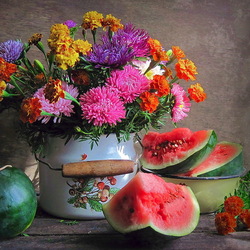 Jigsaw puzzle: Still life with flowers and watermelons