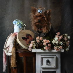 Jigsaw puzzle: Still life with flowers, a dog and a pensive angel
