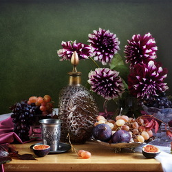 Jigsaw puzzle: Still life with dahlias and fruits