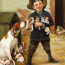 Jigsaw puzzle: Boy with puppies and kittens